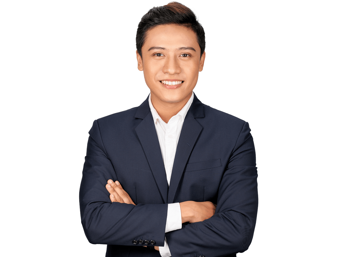 Lao proofreading services, Happy Asian young businessman standing cross-armed on white background