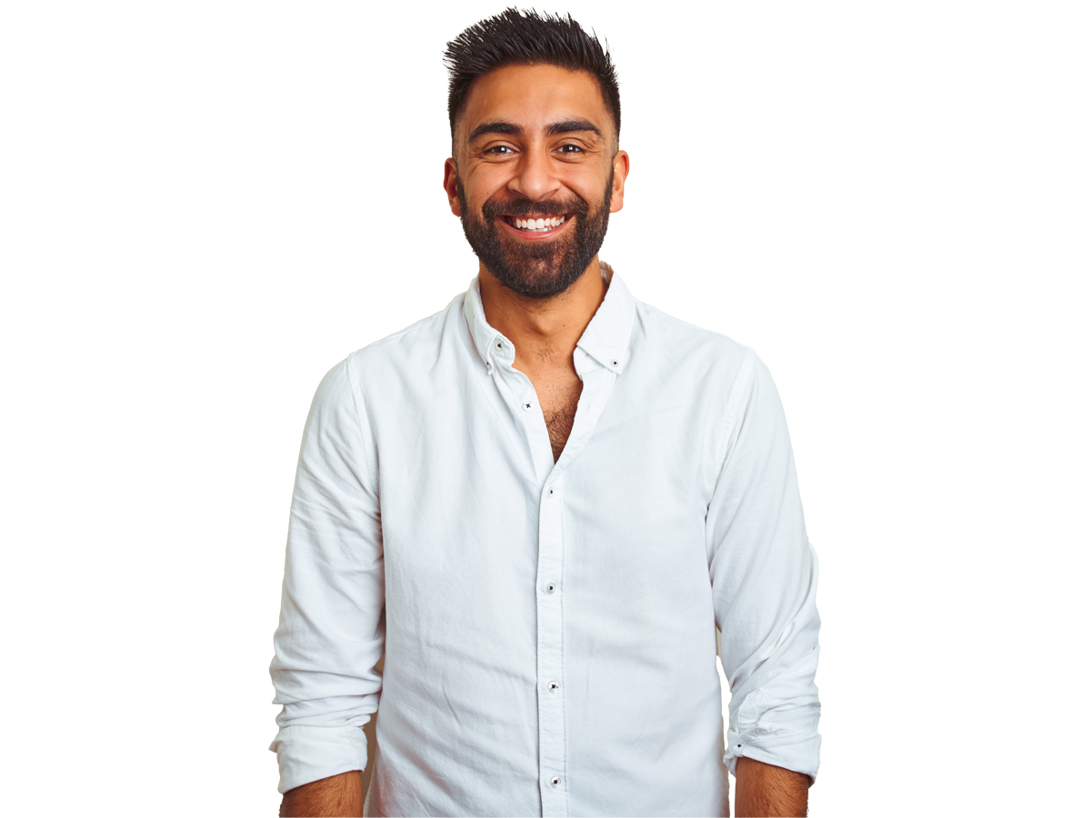 Latin american spanish translation services, Young indian man wearing elegant shirt standing over isolated white background with a happy and cool smile on face.