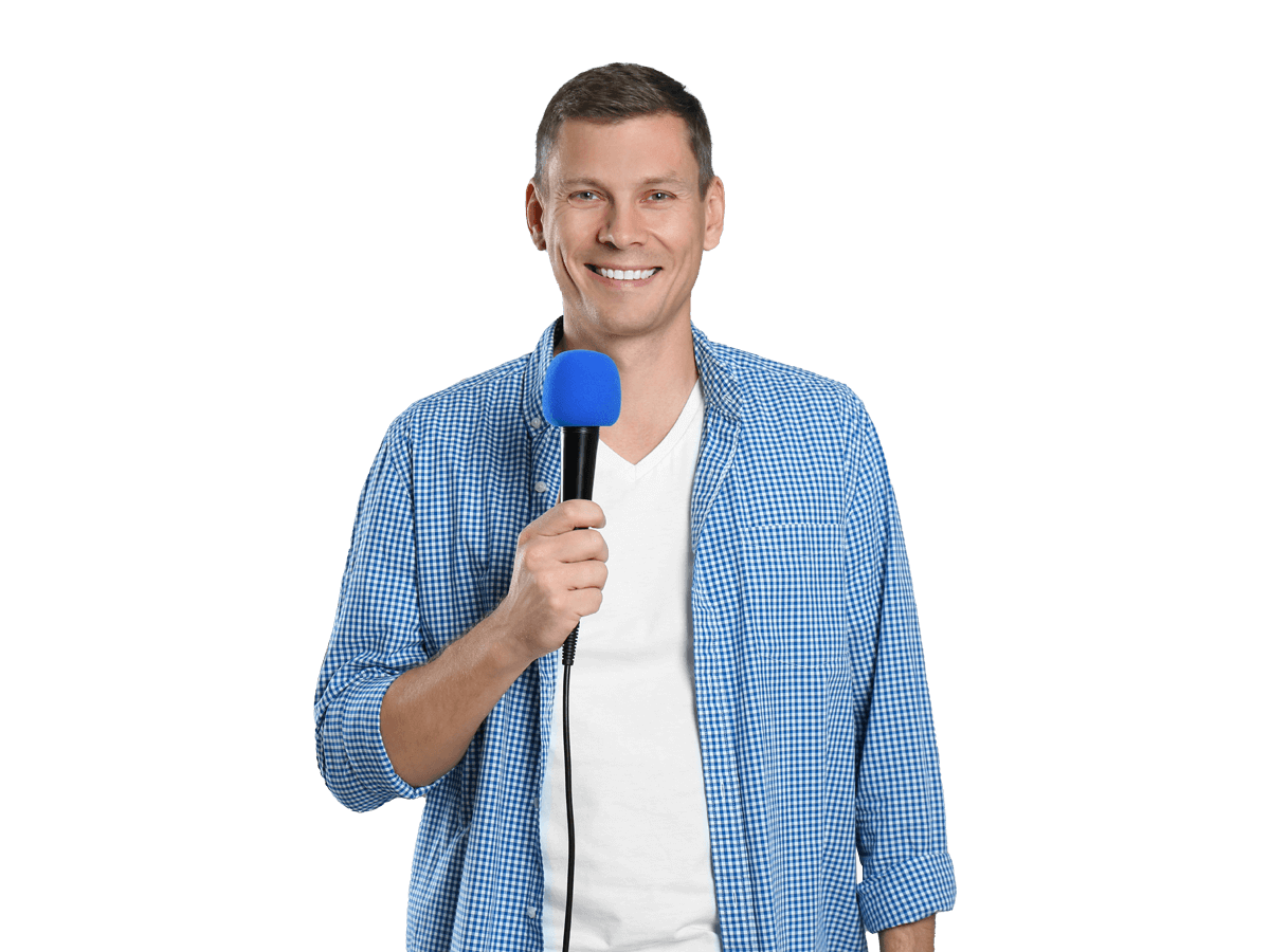 Latvian interpreting services man smiling while holding a microphone