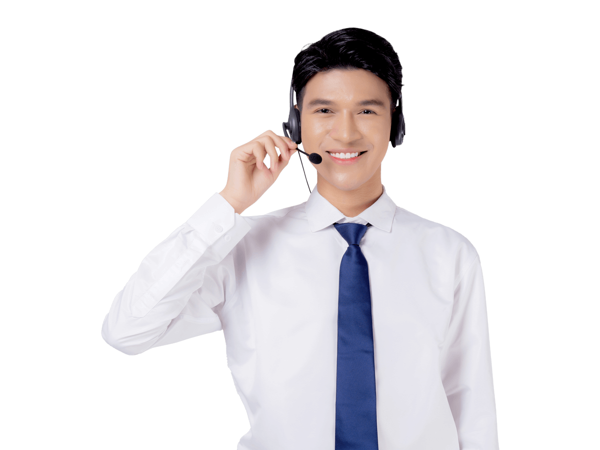 Malay interpreting services man in a white shirt and blue tie holding a headset