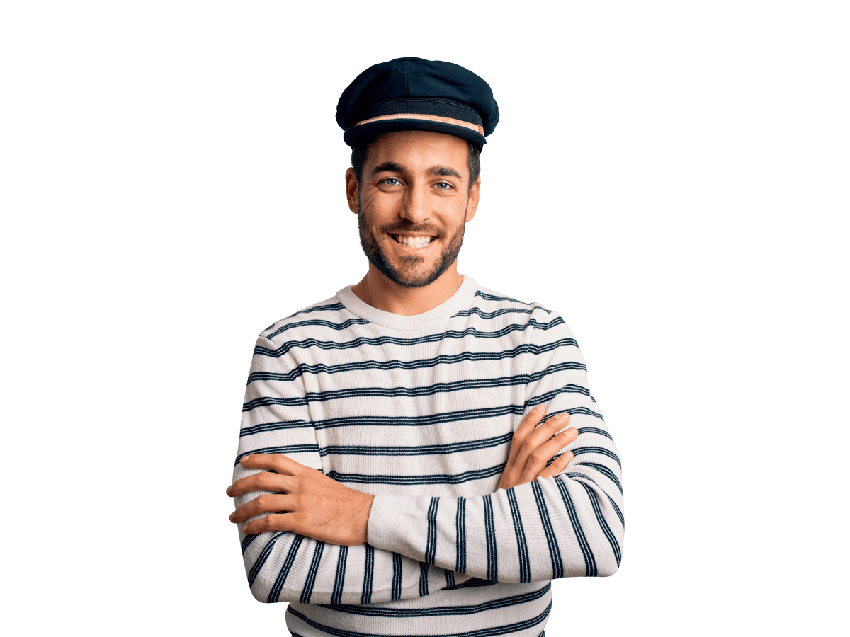 Marine translation services man wearing a striped shirt and cap, standing confidently