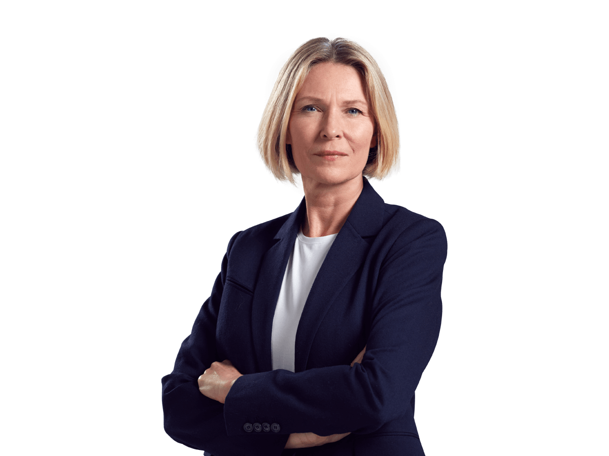Market research translation services Professional woman in suit with crossed arms