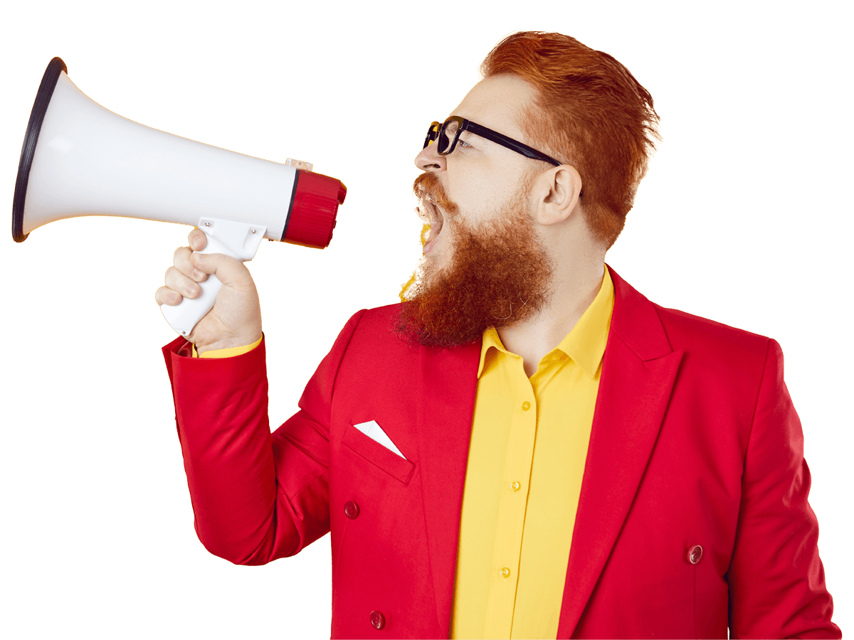 Marketing translation services symbolised by funny chubby guy shouting through megaphone 