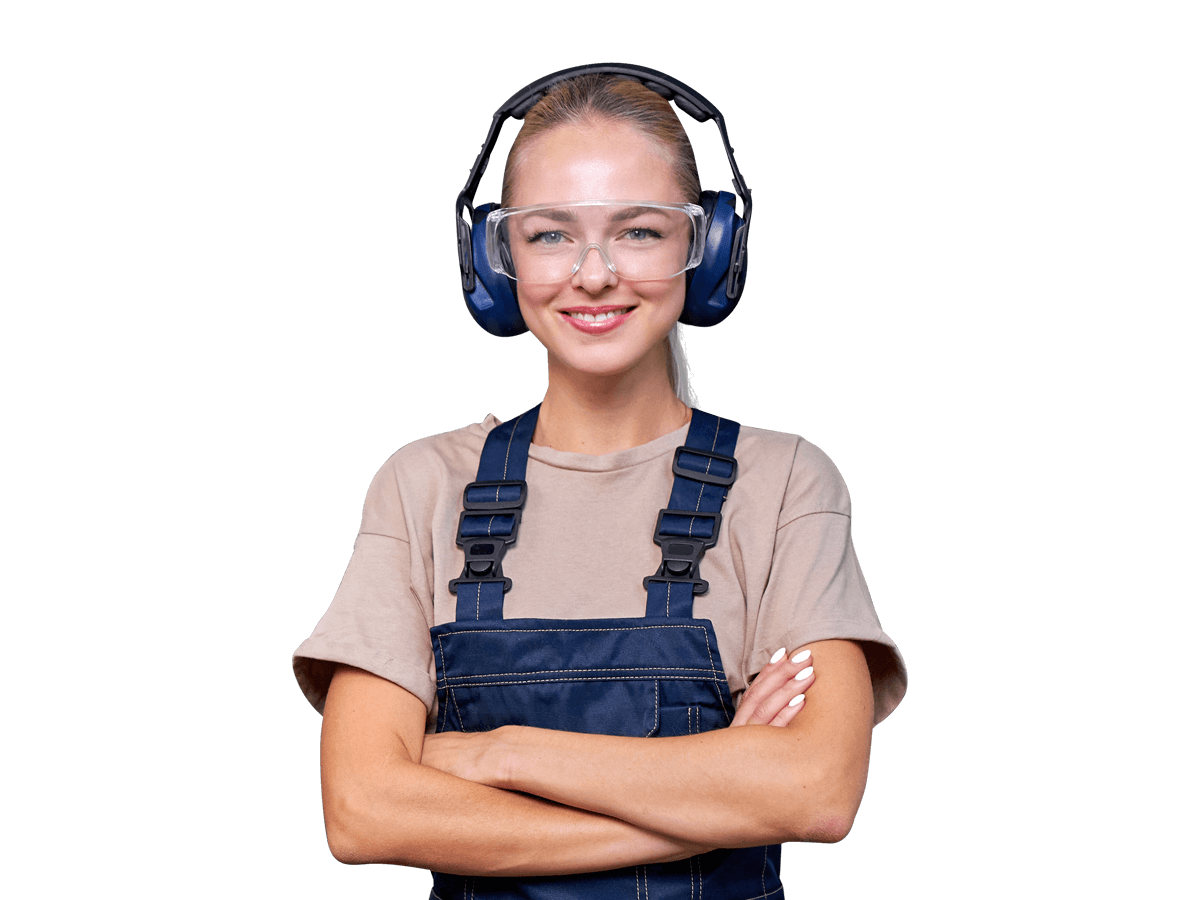 Msds translation service woman wearing overalls and headphones