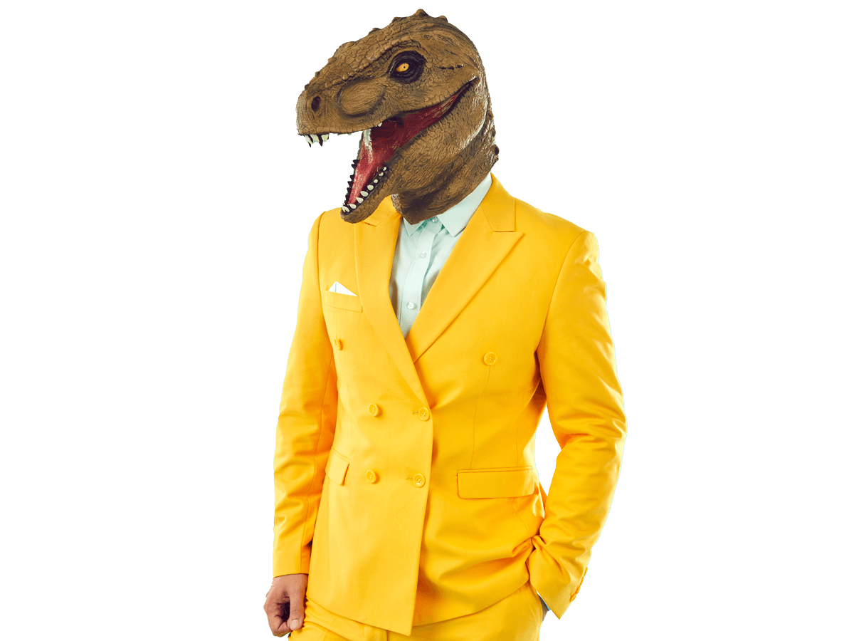 Museum translation services showing a man wearing dinosaur mask