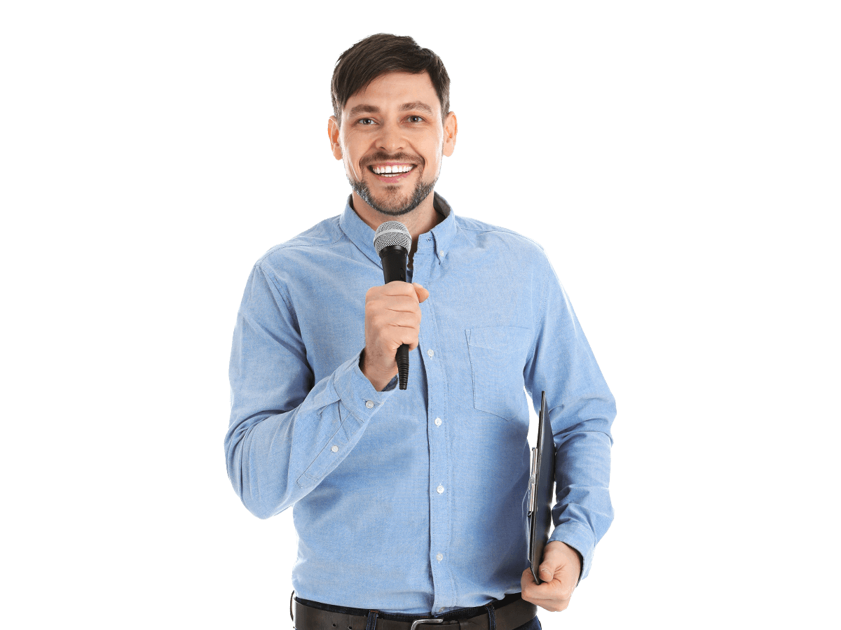 Norwegian interpreting services man smiling while holding a microphone.