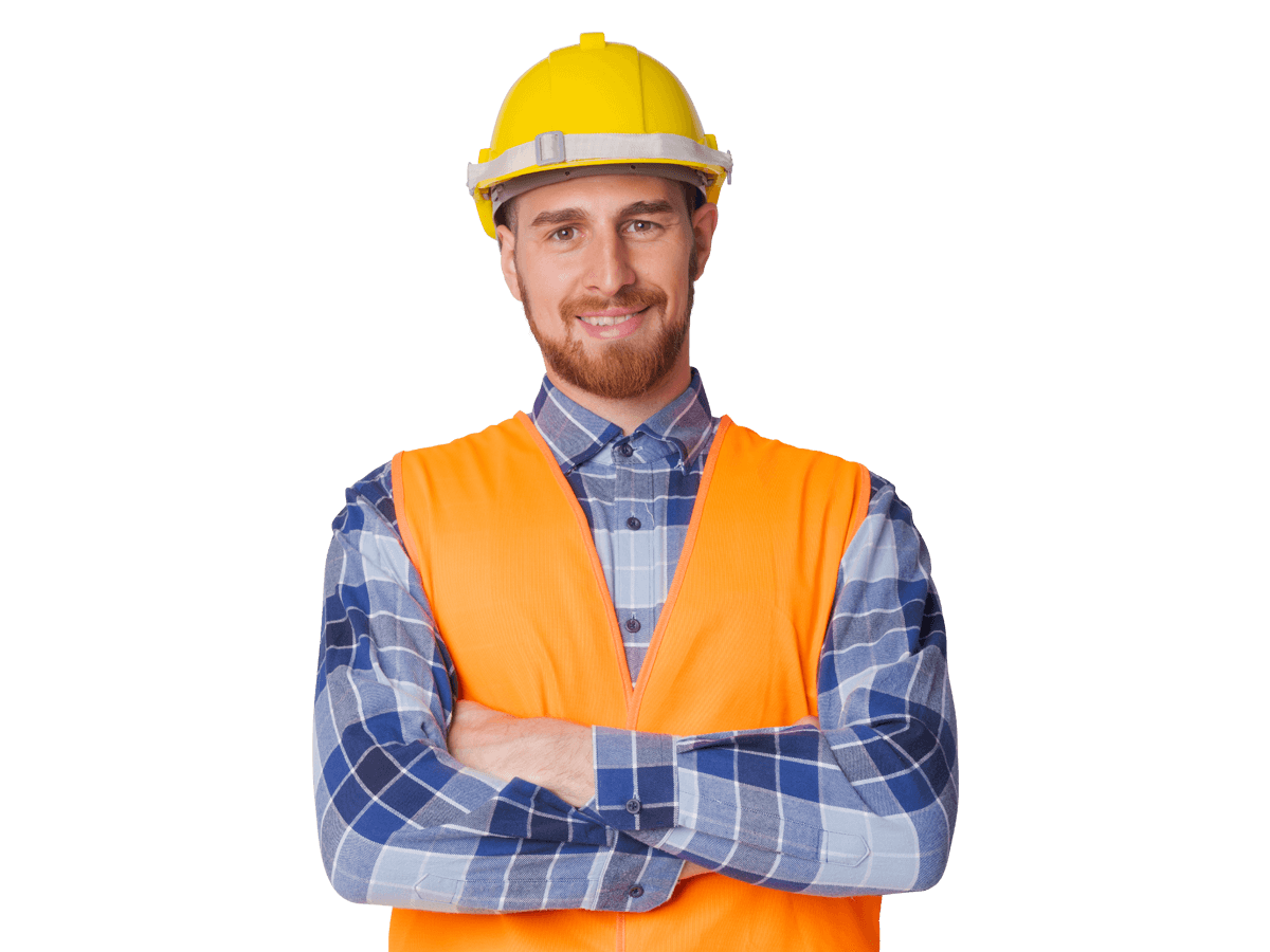 Polish technical translation services Construction worker in orange vest and hard hat.