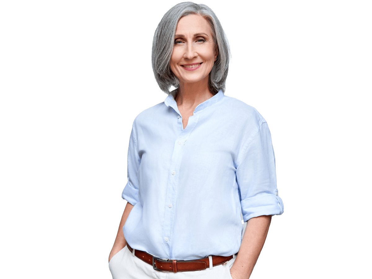 Polish proofreading services, Smiling confident middle aged business woman standing isolated on white background.