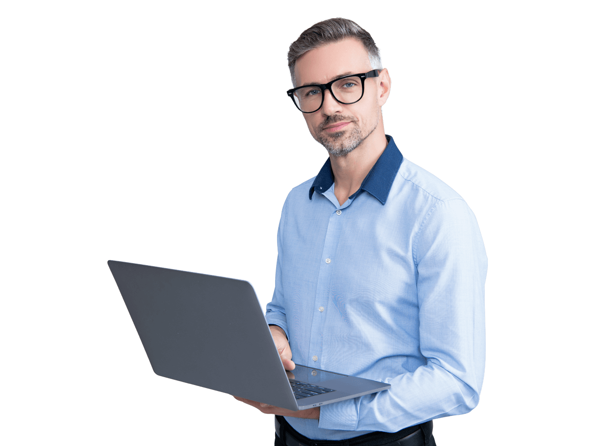Polish website translation services man wearing glasses holds a laptop