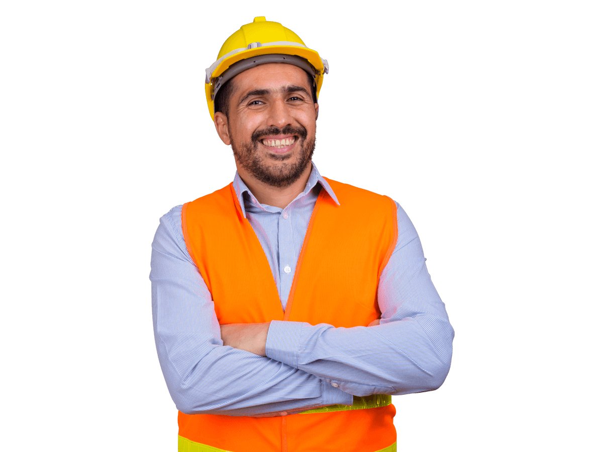 Portuguese technical translations services man smiling wearing orange vest and yellow hat