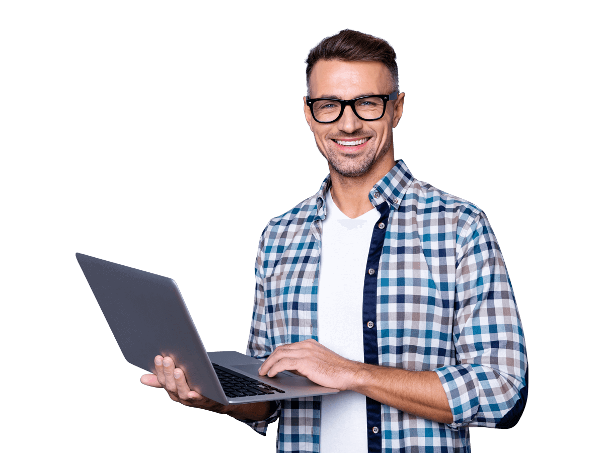 Website translation services, Handsome man holding laptop  and browsing some websites