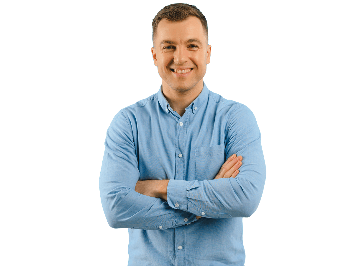 Russian translation services, Portrait of handsome young man with beautiful big white toothy smile posing on blue background.