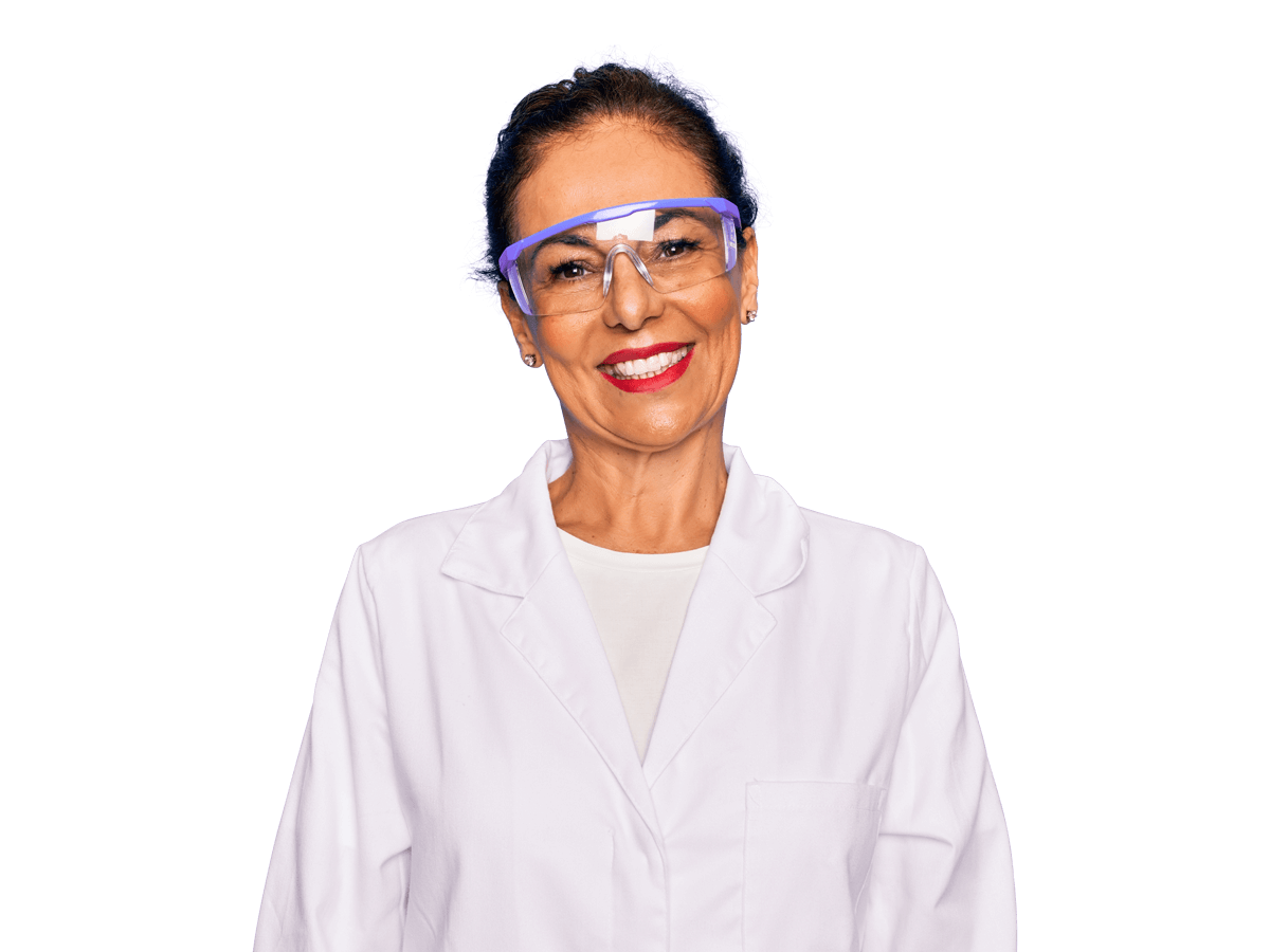 Scientific translation services woman in a lab coat and glasses