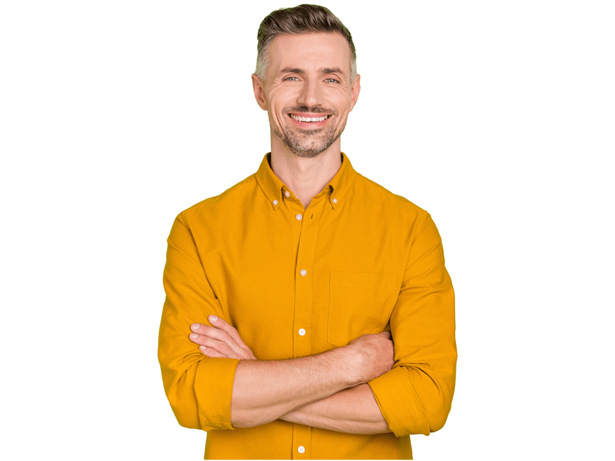 Serbian proofreading services, Photo of funny grey hairdo young man crossed palms wear yellow shirt isolated on green color background
