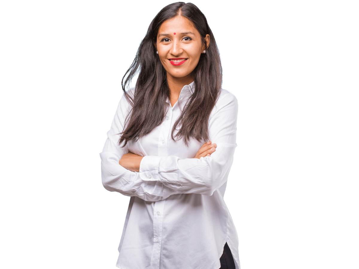 Sinhalese interpreting services, Young Srilankan woman wearing business clothes happy face smiling with crossed arms looking at the camera.