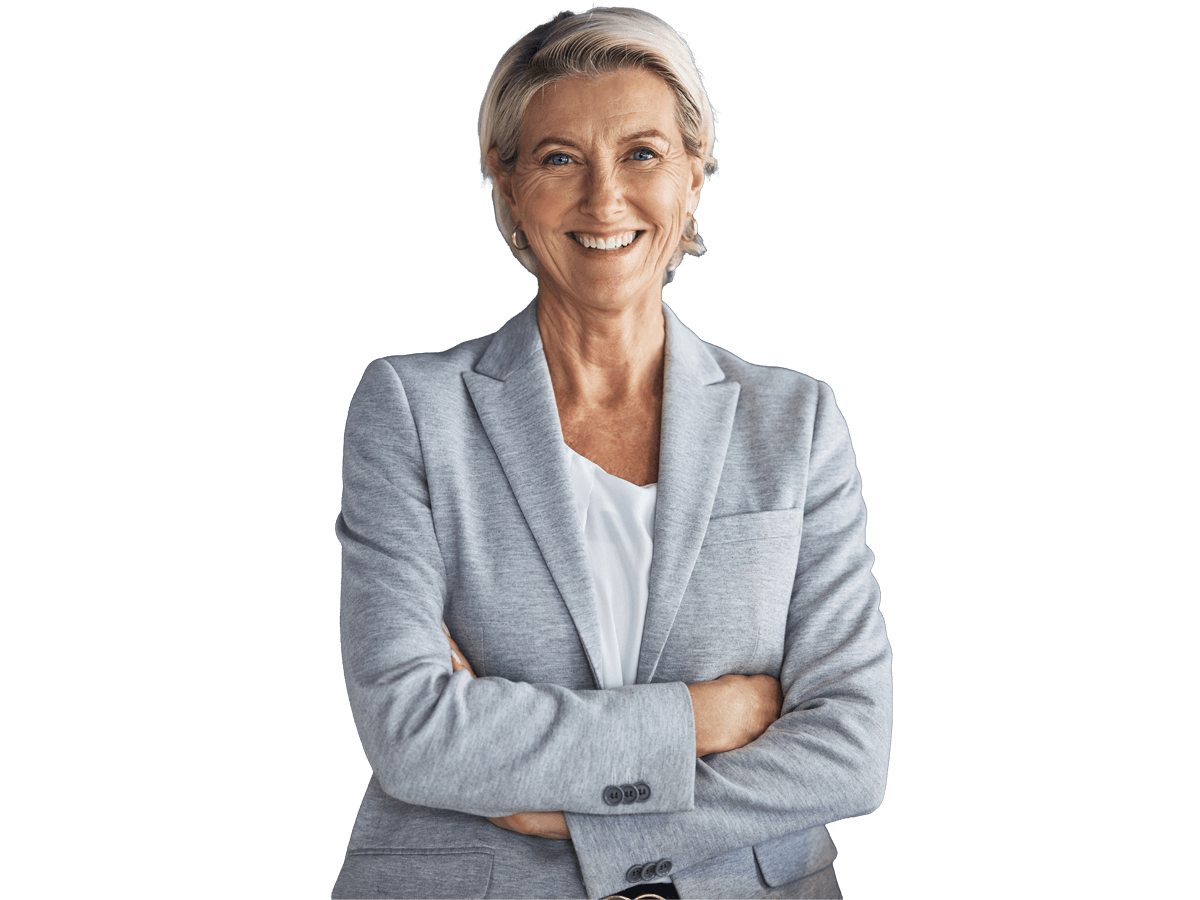 Slovak localisation services, Smile, confidence and portrait of mature businesswoman with arms crossed isolated on blue background. 