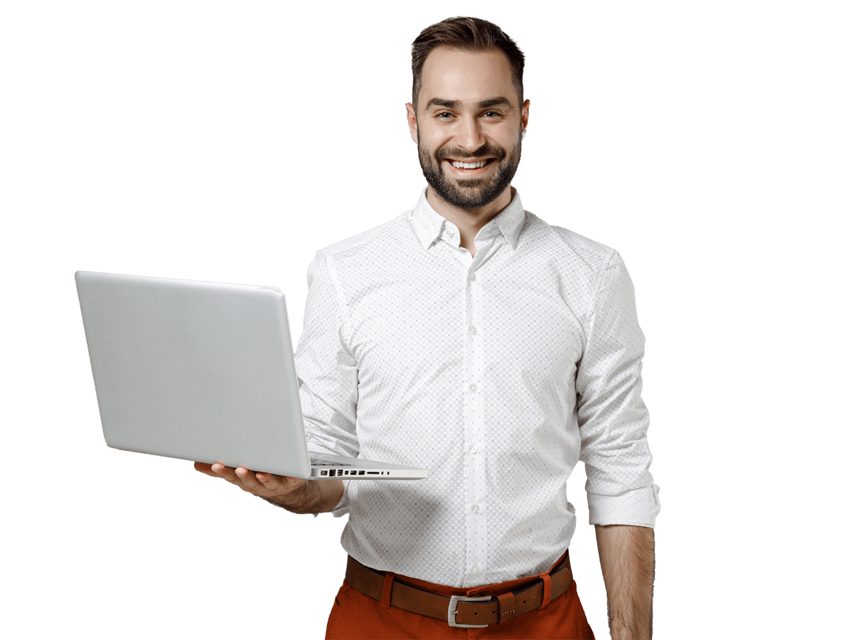 Software translation services professional smiling and holding a laptop