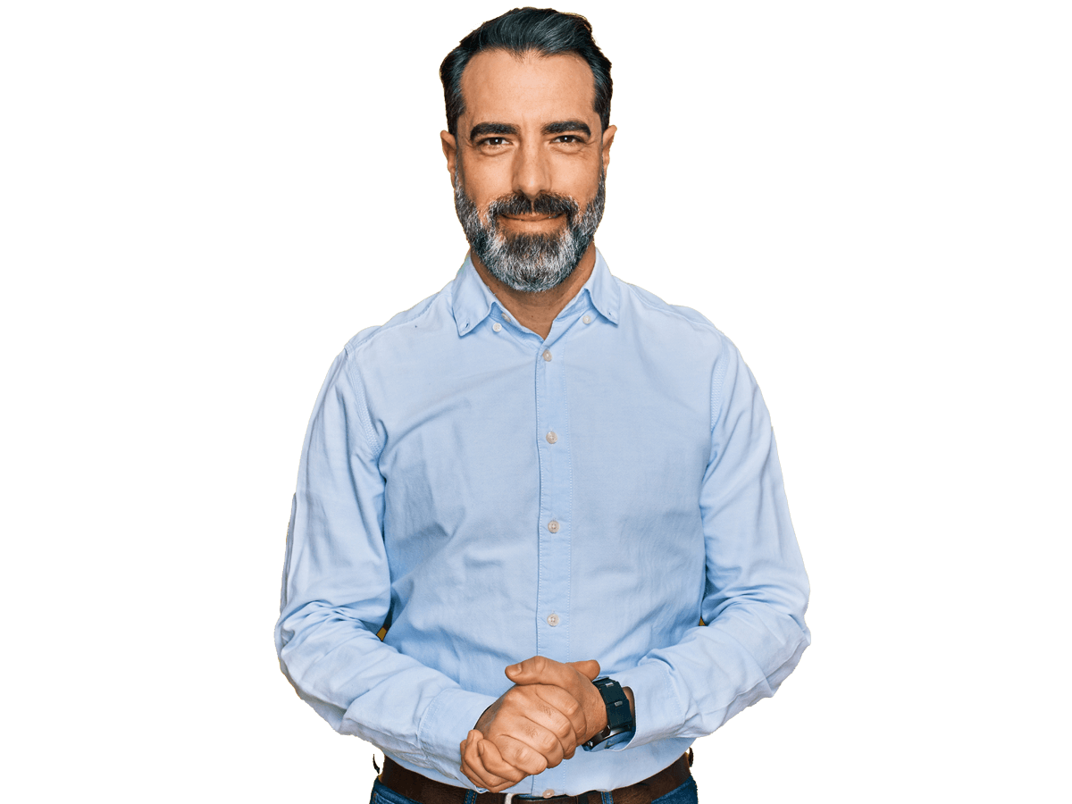 South american spanish translation services, Middle aged man with beard wearing business shirt with hands together and crossed fingers smiling relaxed and cheerful.