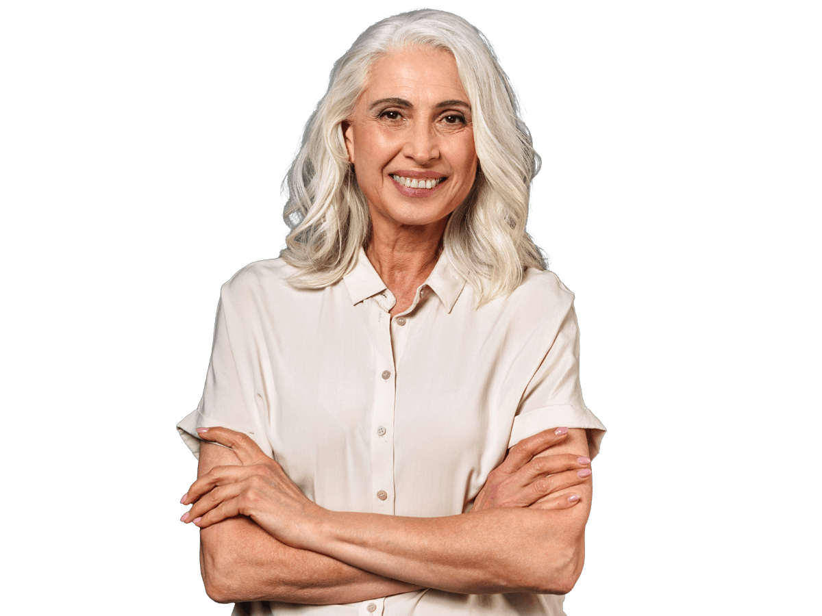 Spanish transcription services,  Photo of gorgeous mature old woman standing isolated over dark blue background wall looking camera with arms crossed.