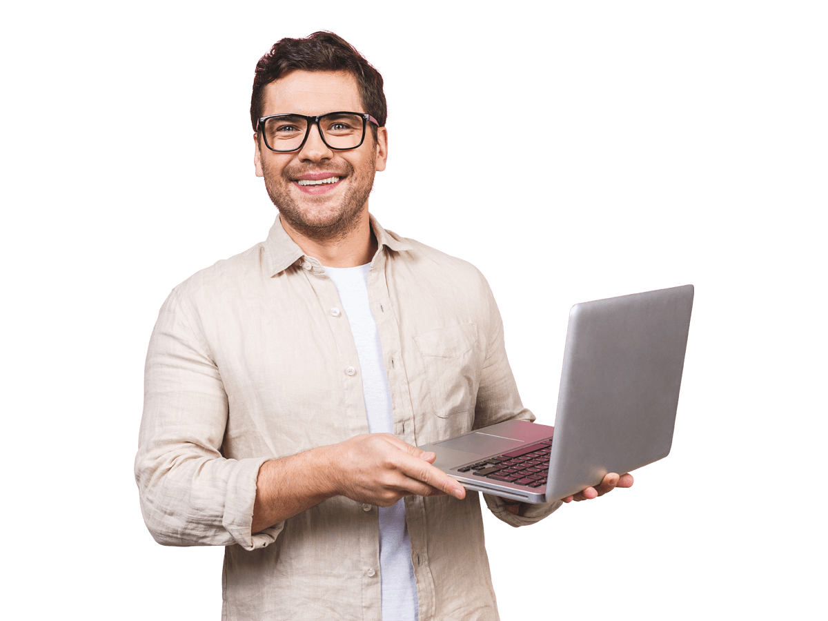 Spanish website translation services man wearing glasses holds a laptop