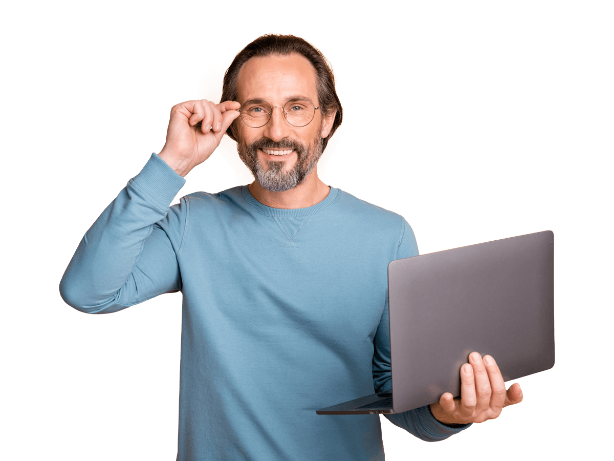 Subtitling burn in services, Photo portrait of middle-aged entrepreneur wearing glasses using laptop smiling