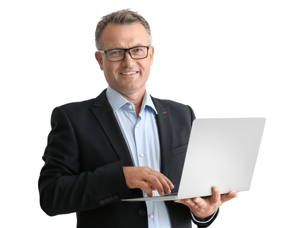 Subtitling embedding services man wearing glasses holds a laptop