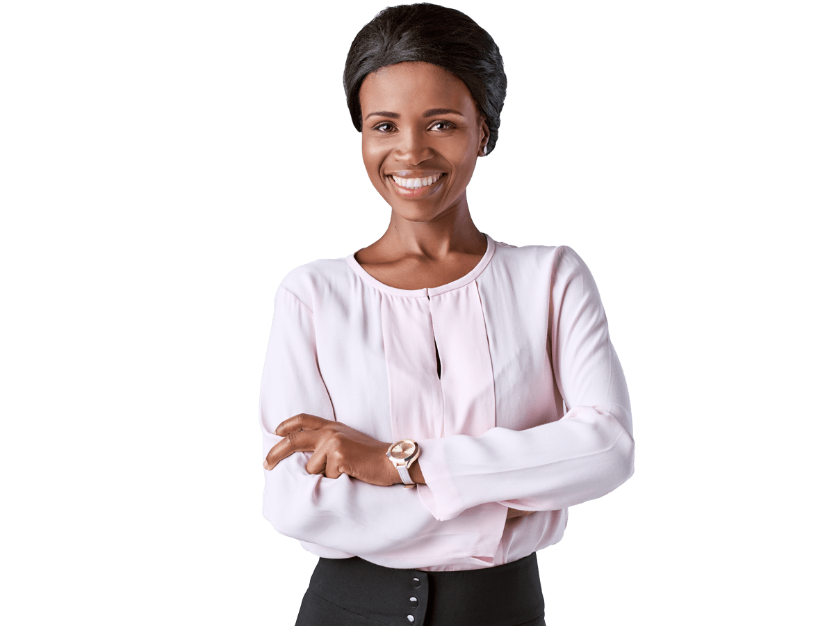 Swahili interpreting services, Confident black african business woman portrait smiling at camera