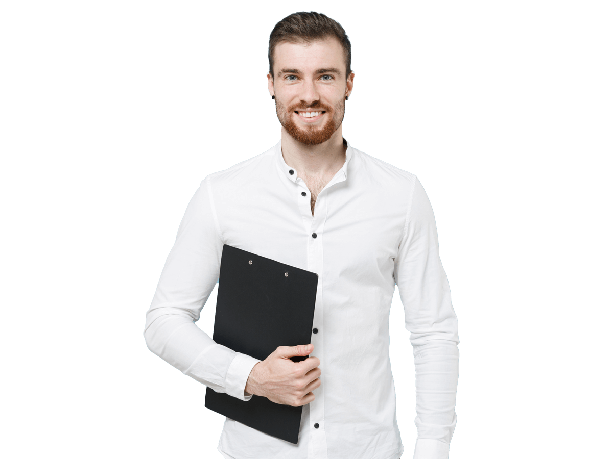 Swedish transcription services expert holding a black file case and smiling