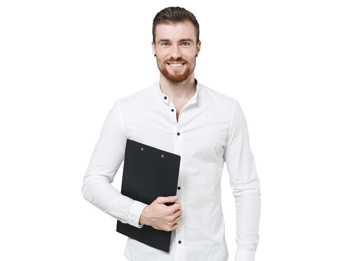 Swedish translation service UK professional confidently smiling holding a clip board