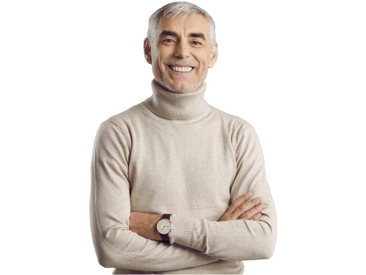 Swedish subtitling service, Studio portrait of senior man with happy face expression. 