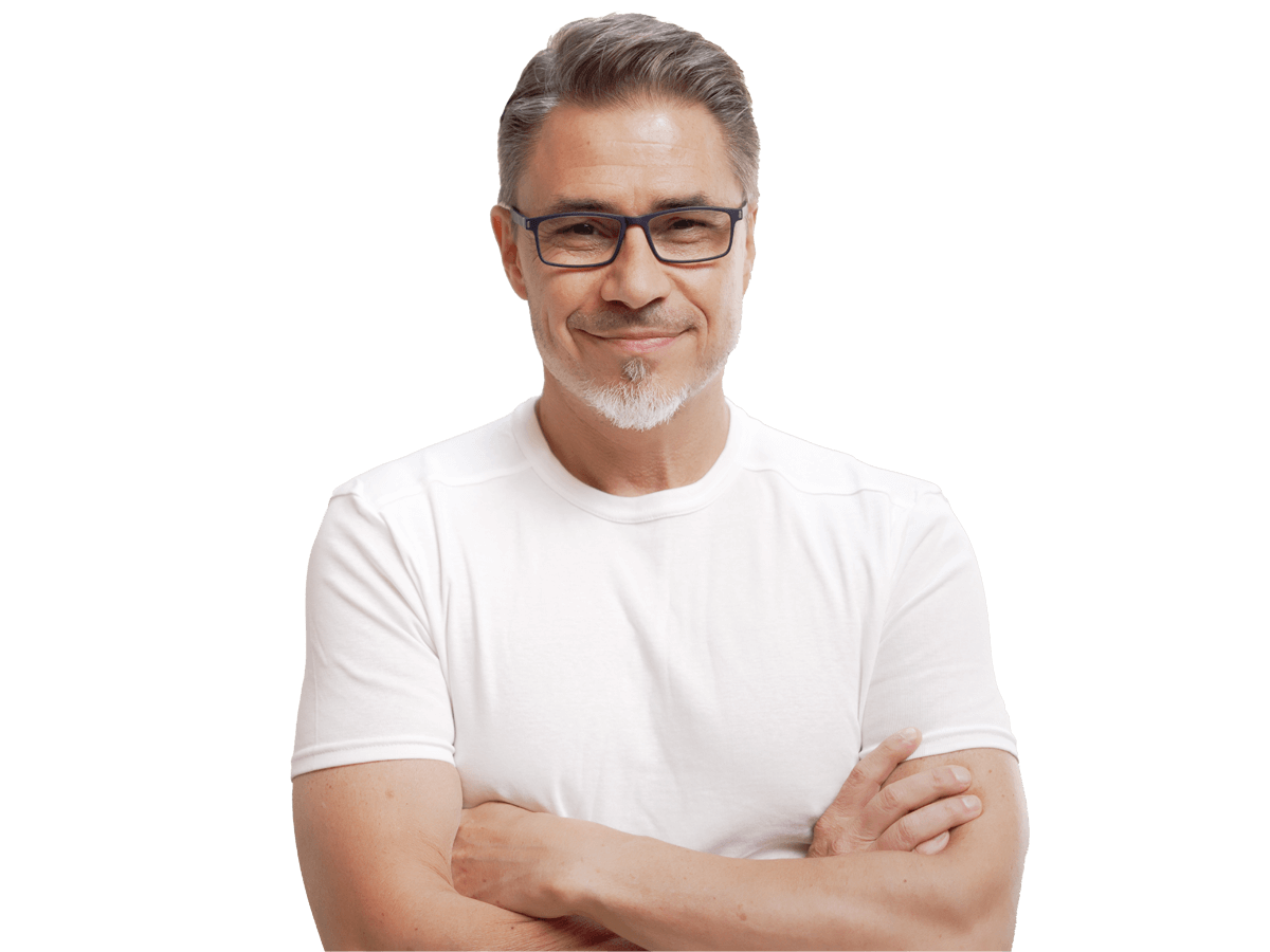 Swiss Translation Services, Portrait of happy casual older man smiling, Mid adult, mature age guy with gray hair in glasses,