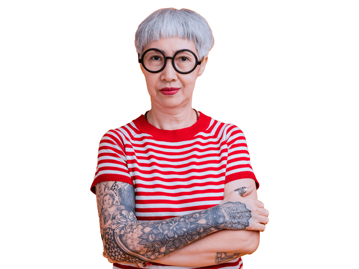 Tattoo certified strong professional with glasses and tattoo's on her right arm