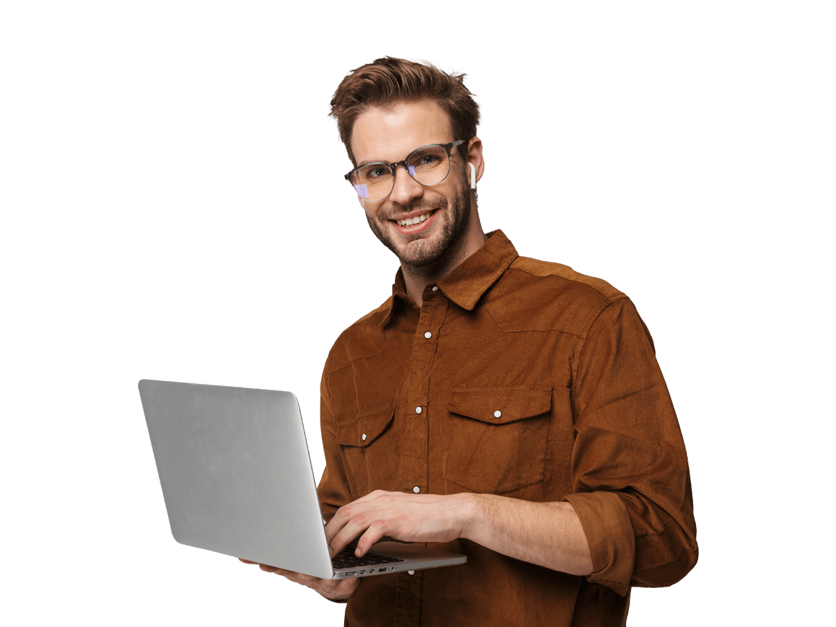 Technology translation services man wearing glasses holds a laptop