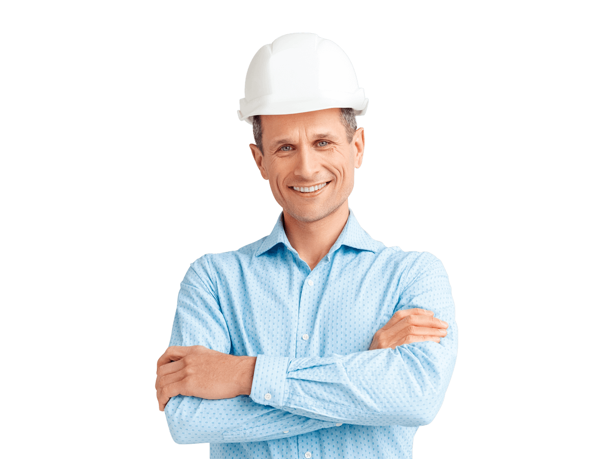 Telecommunications translation services man smiling wearing blue shirt and construction hat
