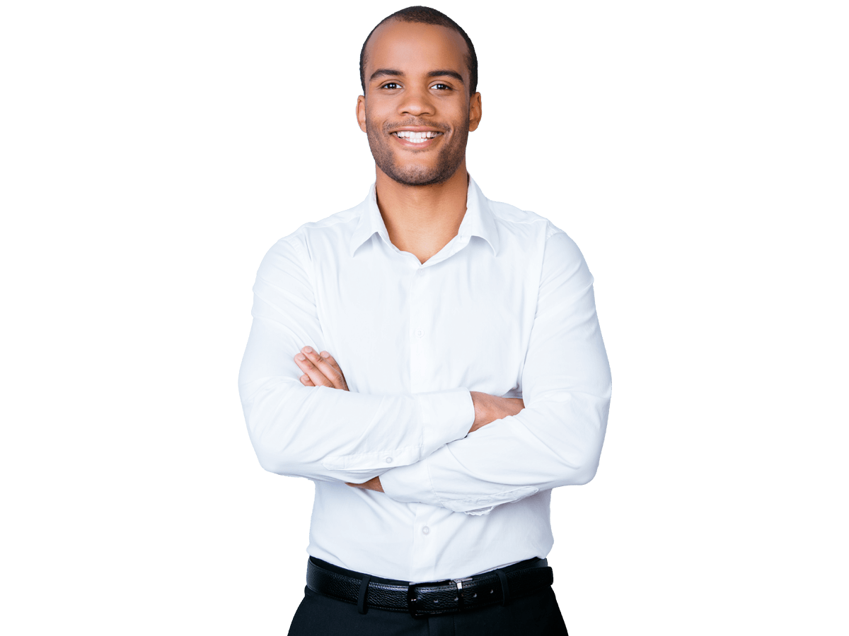 Tigrinya Interpreting services smiling man wearing a white shirt crossing his arms 