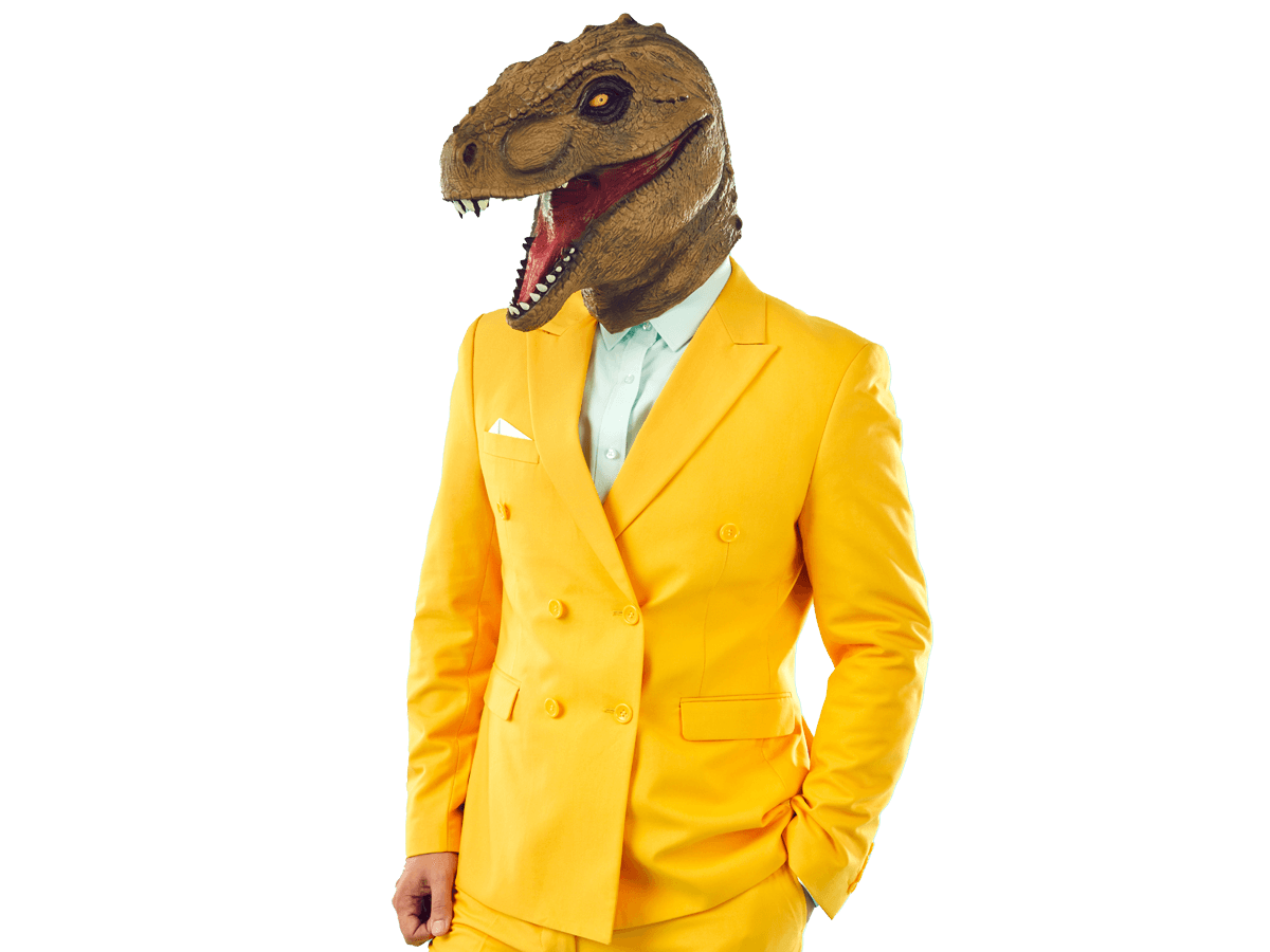 Transcreation services concept guy in funky costume with dinosaur face posing in studio