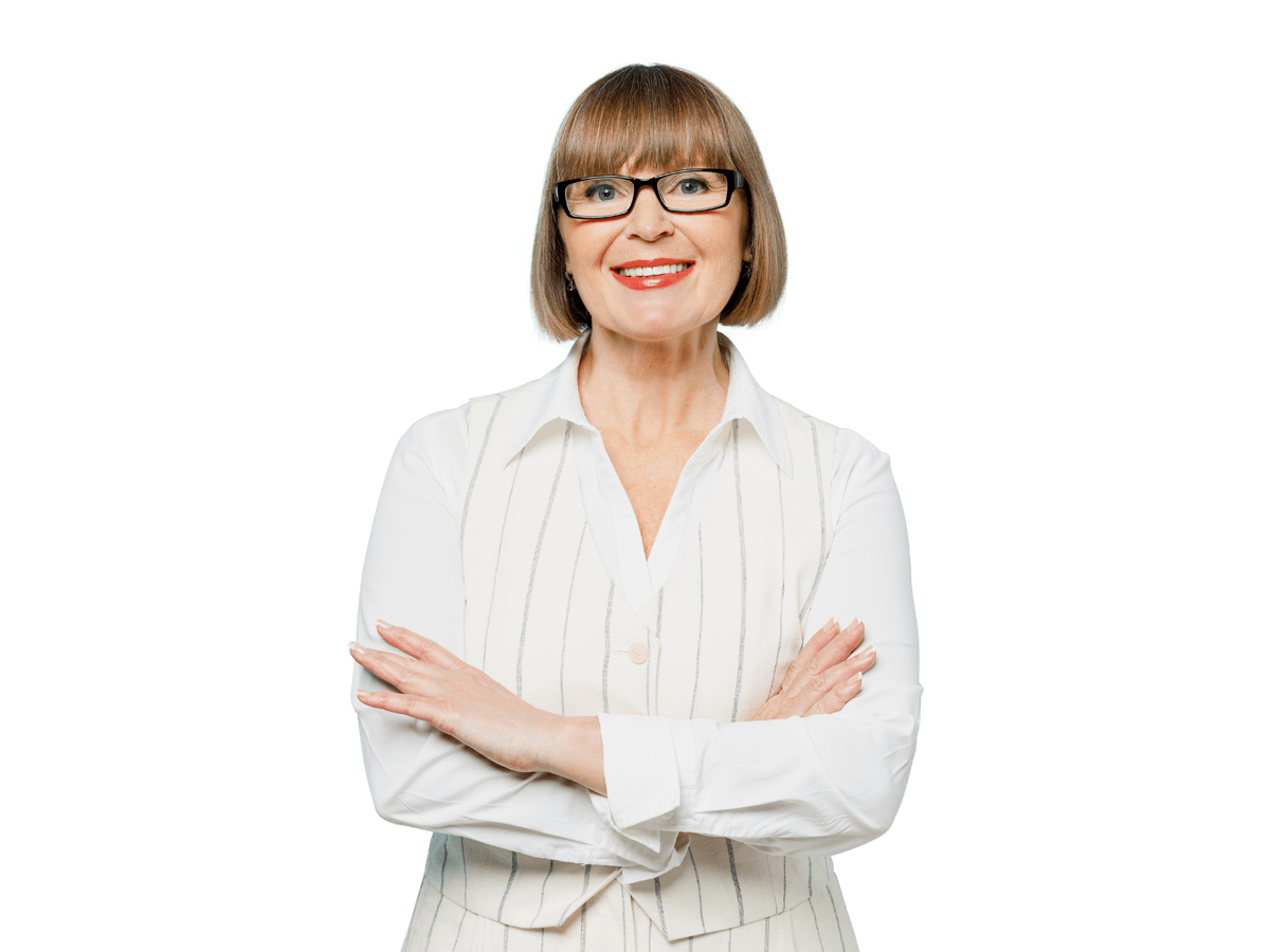 Translation company frankfurt woman wearing glasses and a white shirt.