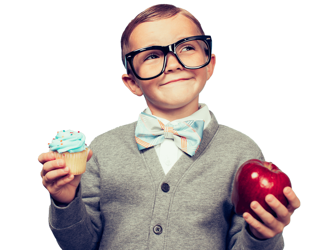 Translation Services symbolised by smiling boy holding cupcake and apple, symbol of translation choice.