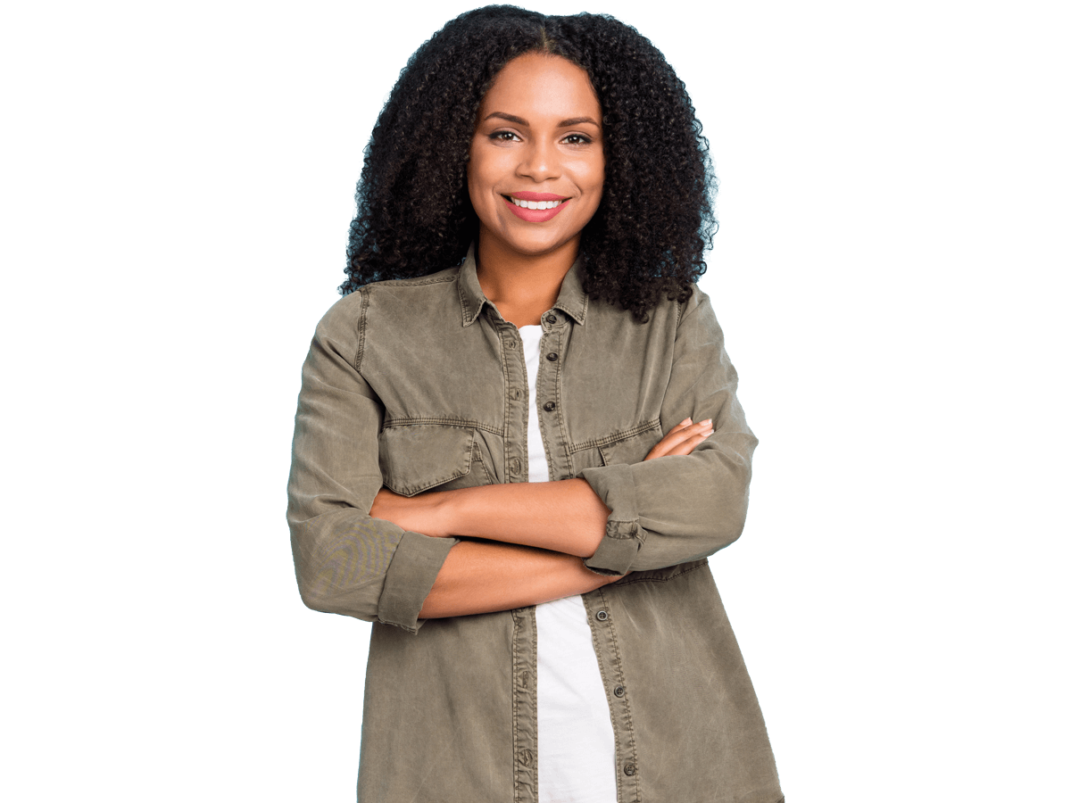 Twi proofreading services woman with curly hair and a green shirt.