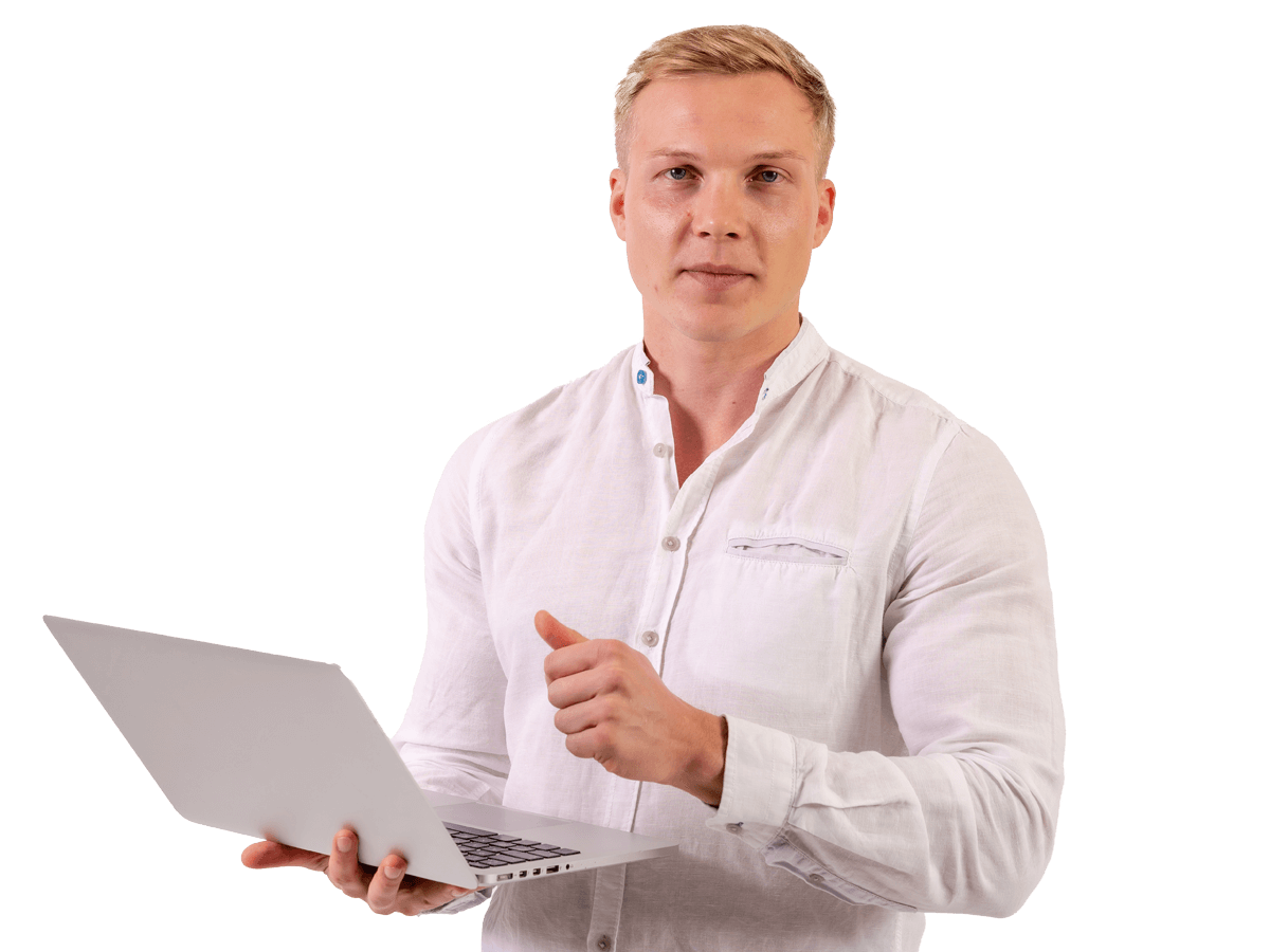 Ukrainian Subtitling services professional holding a laptop looking at the camera