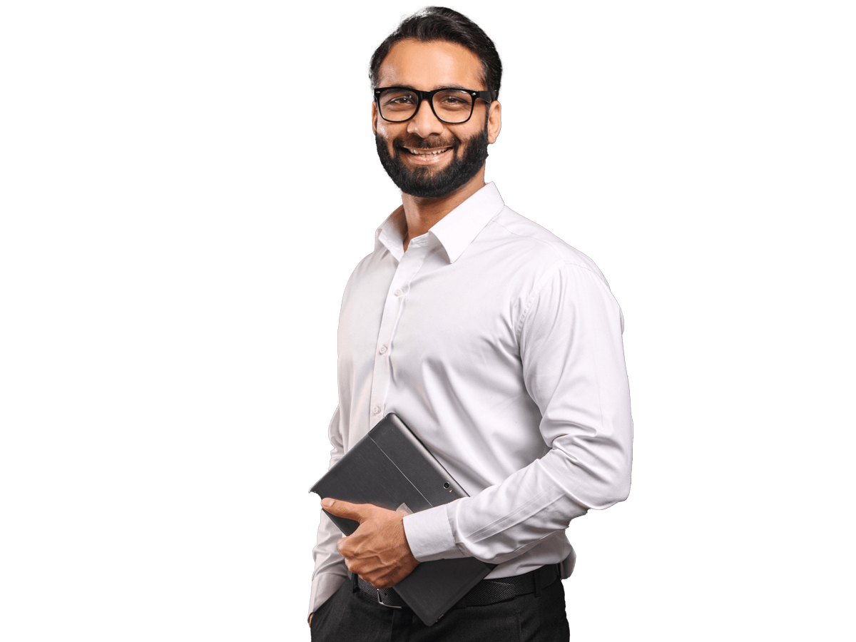 Urdu translation services UK professional smiling holding a tablet