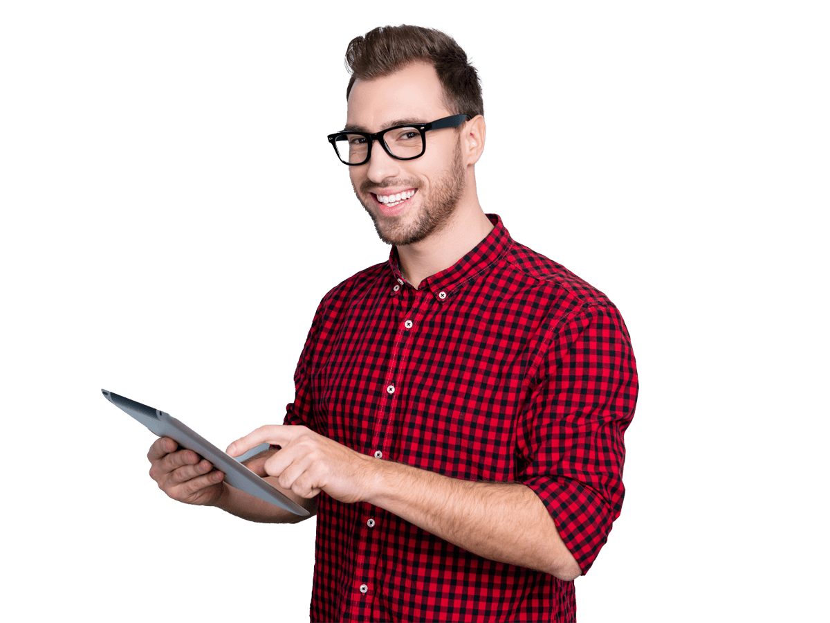 Website translation services professional wearing red checkered shirt and typing text on new digital tablet