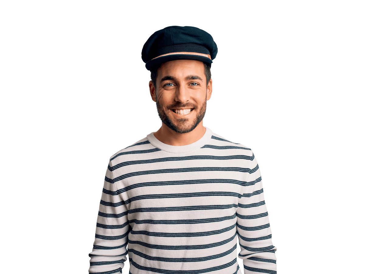Yacht boating translation services man wearing a striped shirt and hat