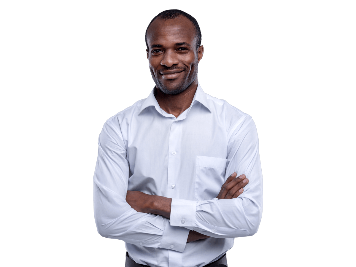 Zulu translation services, Handsome cheerful dark-eyed afro-american man smiling and standing and having his arms crossed