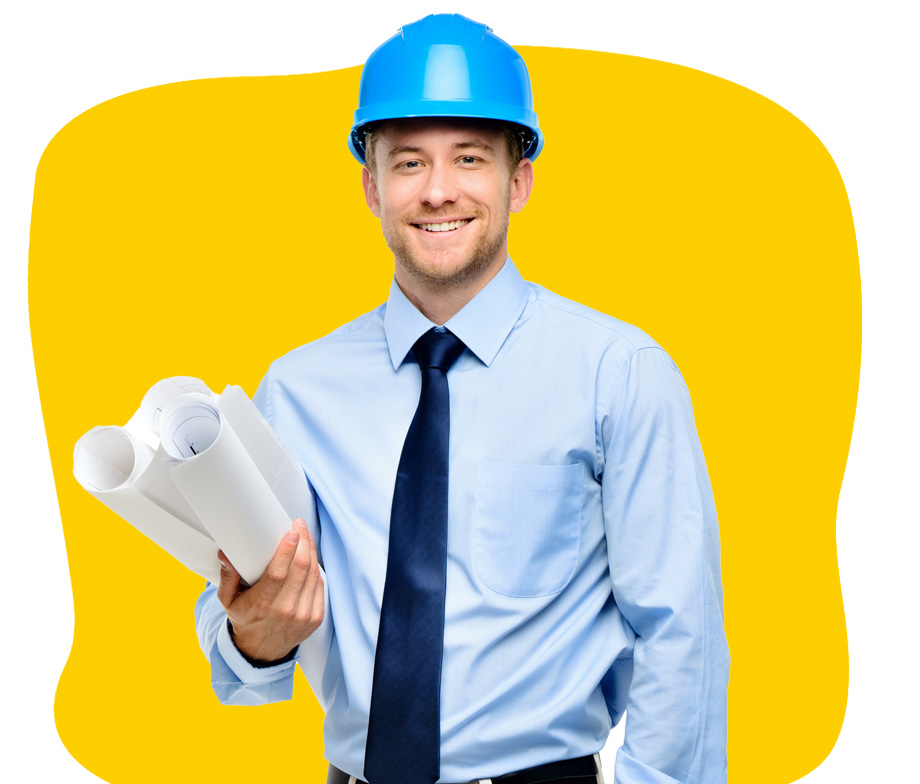 cad translation specialist wearing a blue helmet in formal wear holding CAD documents