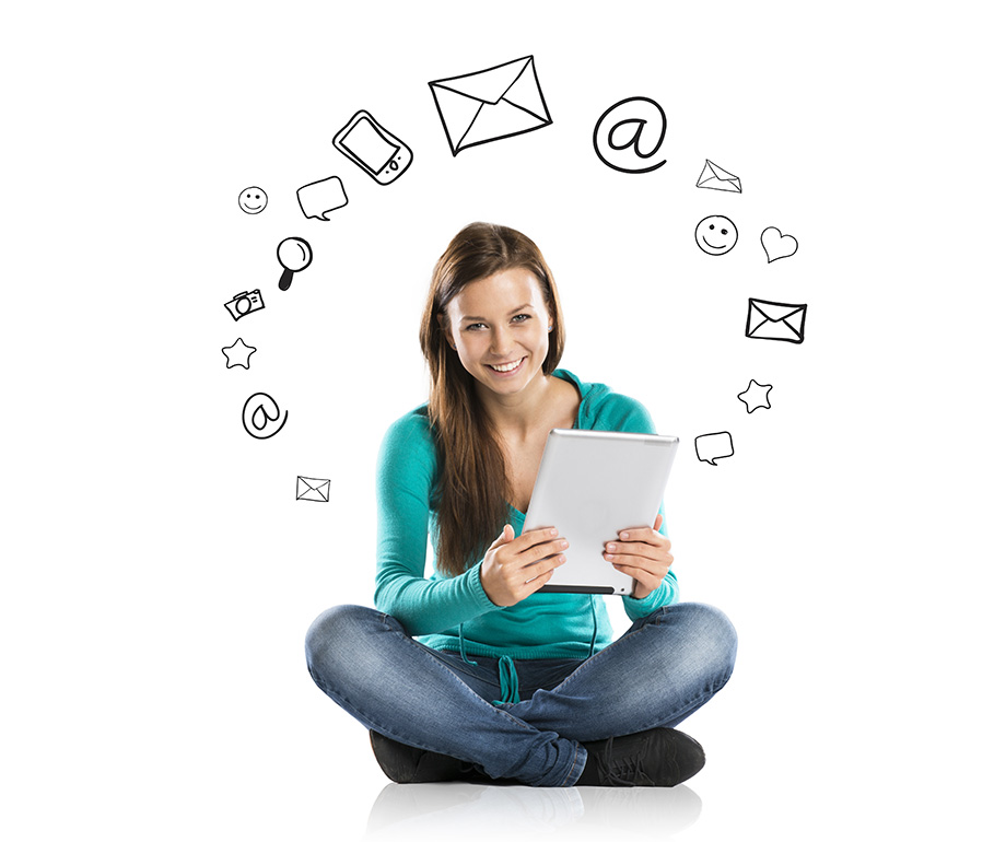 content management system translation expert sitting holding a tablet with social media icons