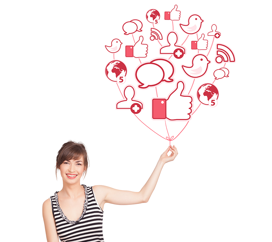 digital marketing translation expert smiling while holding a balloon with social media icons