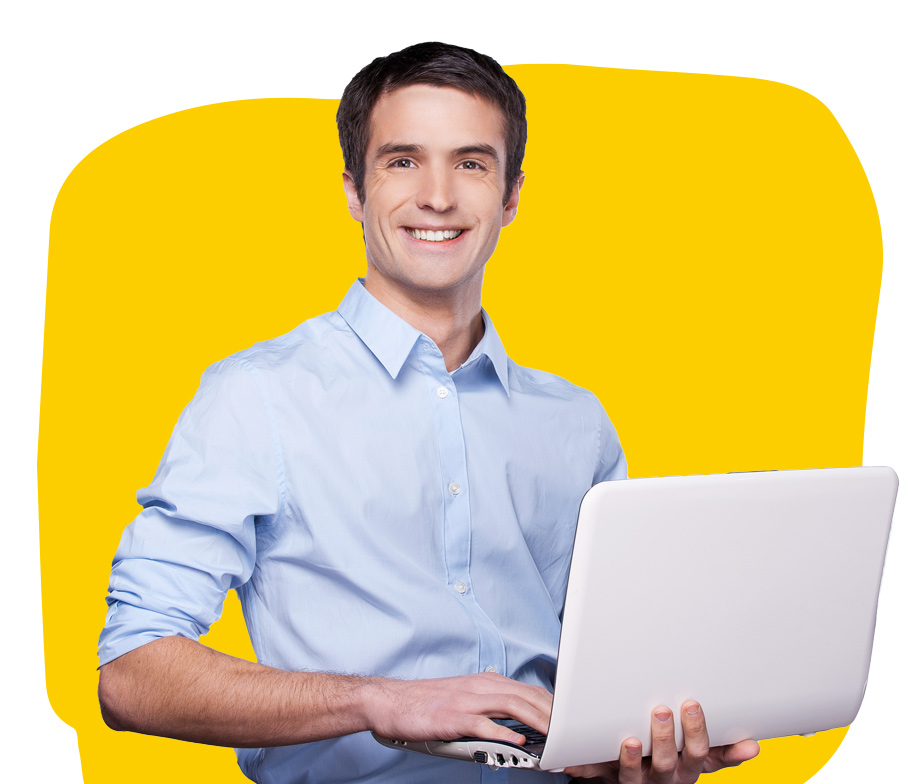 e commerce translation expert smiling holding a laptop wearing a light blue shirt
