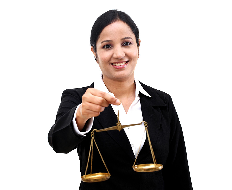 Farsi legal translations professional in black suit smiling holding a justice scale